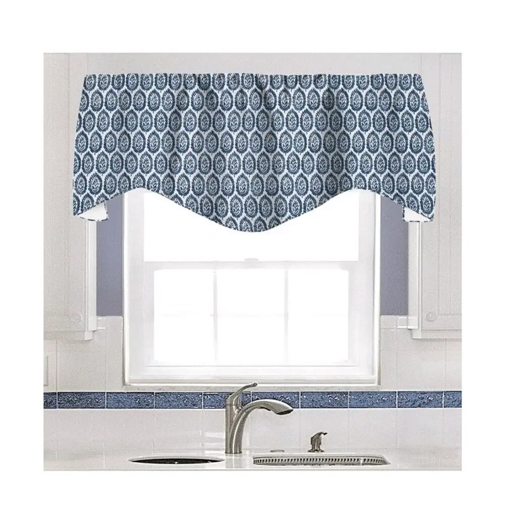 Blue Curtain Valance Swag Rod Pocket, Print Motif Lined Made in USA, 53x18 In